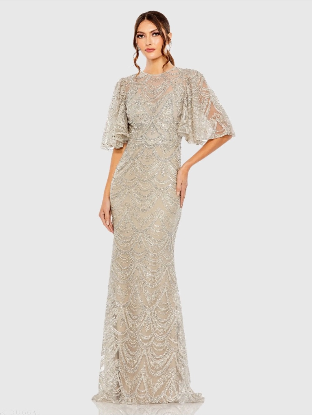 Mac Duggal 20481 Beige and Silver Flutter Sleeve High Neck Gown Size 18 NWT